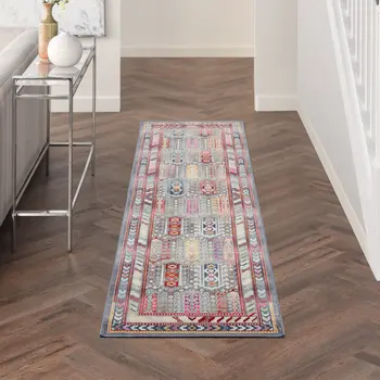 6' Ivory Gray And Red Floral Distressed Runner Rug