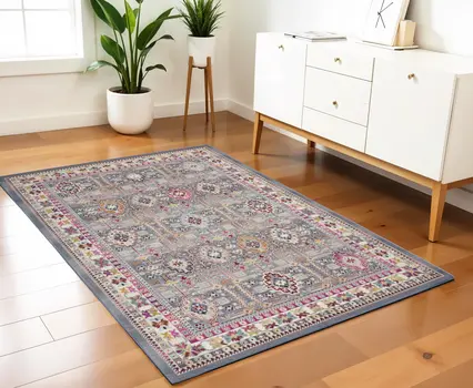 4' X 6' Ivory Pink And Gray Floral Distressed Area Rug