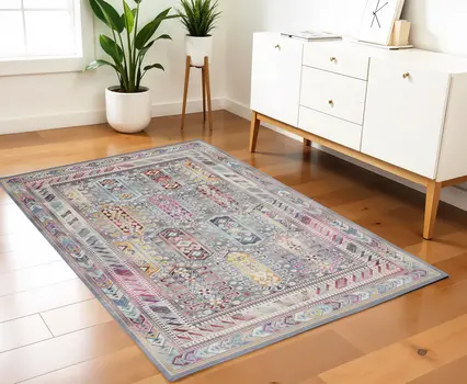4' X 6' Ivory Gray And Red Floral Distressed Area Rug