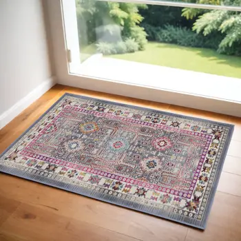 2' X 4' Ivory Pink And Gray Floral Distressed Area Rug