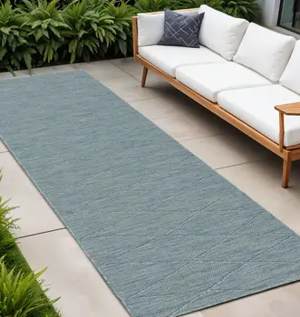 8' Aqua And Ivory Geometric Indoor Outdoor Runner Rug