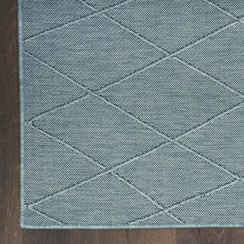 8' Aqua And Ivory Geometric Indoor Outdoor Runner Rug