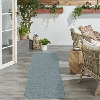 8' Aqua And Ivory Geometric Indoor Outdoor Runner Rug