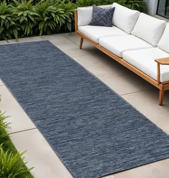 8' Navy Blue And Ivory Geometric Indoor Outdoor Runner Rug