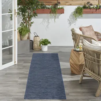 8' Navy Blue And Ivory Geometric Indoor Outdoor Runner Rug
