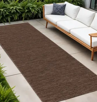 8' Dark Brown And Brown Geometric Indoor Outdoor Runner Rug