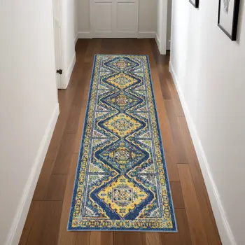 8' Blue Geometric Runner Rug
