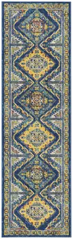 8' Blue And Yellow Oriental Runner Rug