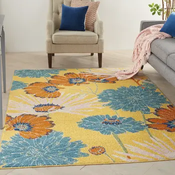 4' X 6' Yellow Floral Power Loom Area Rug