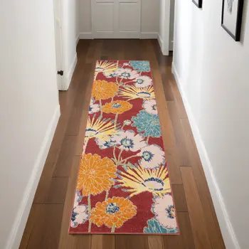 8' Orange And Red Floral Runner Rug