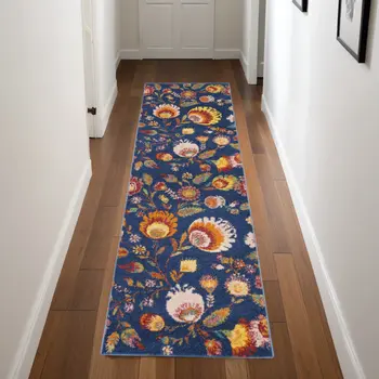 8' Orange And Red Floral Runner Rug