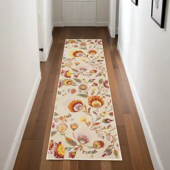 8' Orange And Ivory Floral Runner Rug