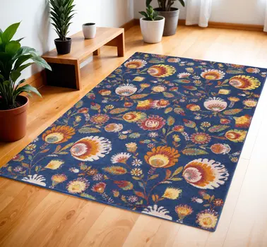 4' X 6' Blue and Orange Floral Power Loom Area Rug
