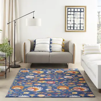4' X 6' Orange Red And Blue Floral Area Rug