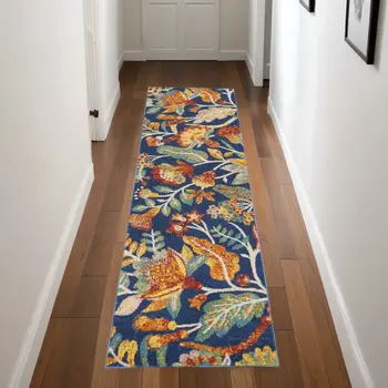 8' Blue And Yellow Floral Runner Rug