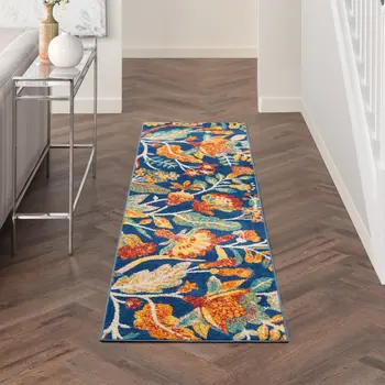 8' Orange Red And Blue Floral Runner Rug