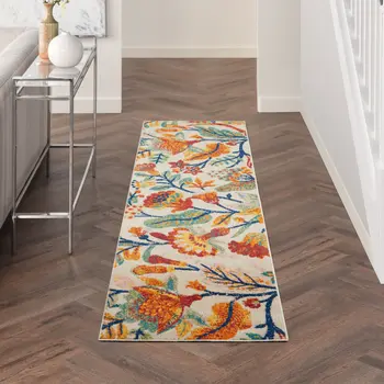 8' Orange Cream And Green Floral Runner Rug