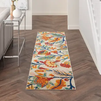8' Orange And Ivory Floral Runner Rug