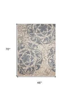 4' X 6' Ivory Tan and Slate Gray Floral Distressed Area Rug