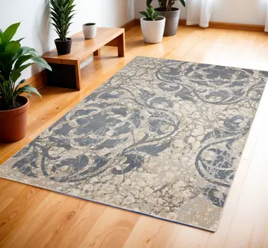 4' X 6' Ivory Tan and Slate Gray Floral Distressed Area Rug