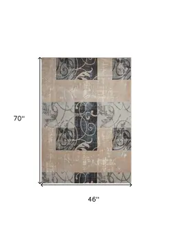 4' X 6' Tan Black and Ivory Floral Vines Area Rug