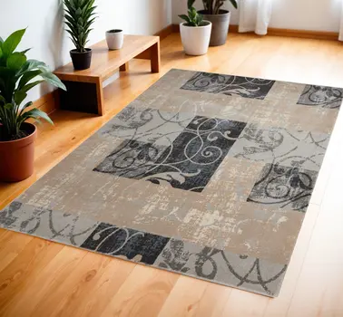 4' X 6' Tan Black and Ivory Floral Vines Area Rug