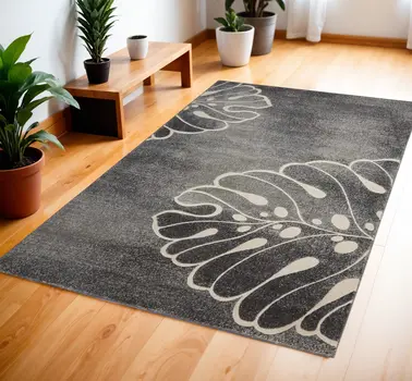 4' X 6' Ivory Black and Gray Botanical Leaves Area Rug