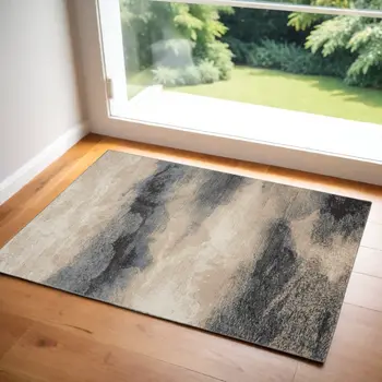 2' X 4' Gray Black and Beige Abstract Area Rug