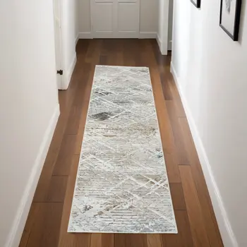 8' Ivory Black and Gray Abstract Non Skid Runner Rug