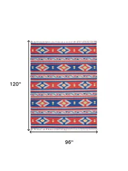 8' X 10' Blue Southwestern Handmade Area Rug With Fringe
