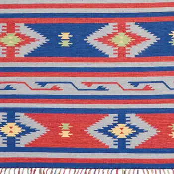 8' X 10' Blue Southwestern Handmade Area Rug With Fringe