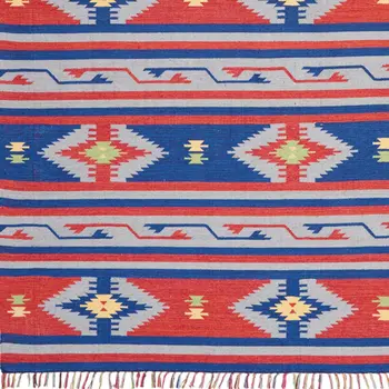 8' X 10' Blue Southwestern Handmade Area Rug With Fringe