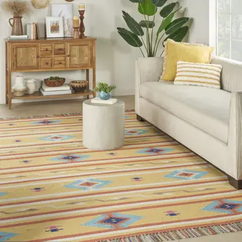 8' X 10' Yellow and Orange Southwestern Handmade Area Rug With Fringe