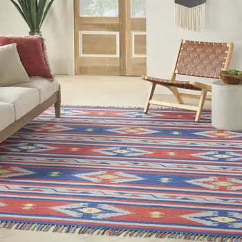 7' X 10' Blue Southwestern Handmade Area Rug With Fringe