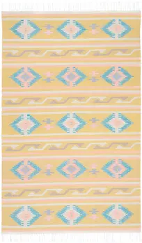 7' X 10' Blue and Yellow Southwestern Handmade Area Rug With Fringe