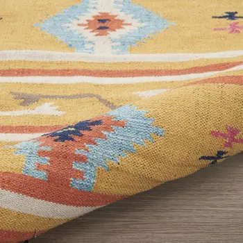 7' X 10' Blue and Yellow Southwestern Handmade Area Rug With Fringe