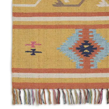 7' X 10' Blue and Yellow Southwestern Handmade Area Rug With Fringe