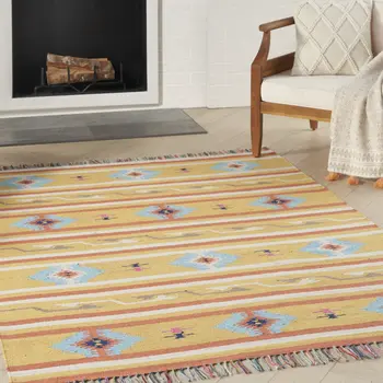 7' X 10' Blue and Yellow Southwestern Handmade Area Rug With Fringe