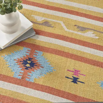 7' X 10' Blue and Yellow Southwestern Handmade Area Rug With Fringe