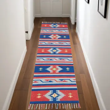 8' Blue And Red Southwestern Handmade Runner Rug With Fringe