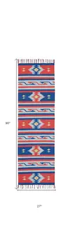 8' Blue And Red Southwestern Handmade Runner Rug With Fringe