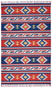 5' X 7' Blue and Red Southwestern Handmade Area Rug With Fringe