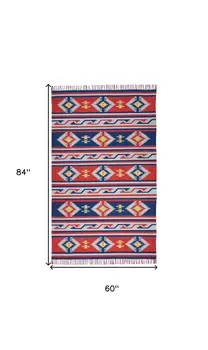 5' X 7' Blue and Red Southwestern Handmade Area Rug With Fringe