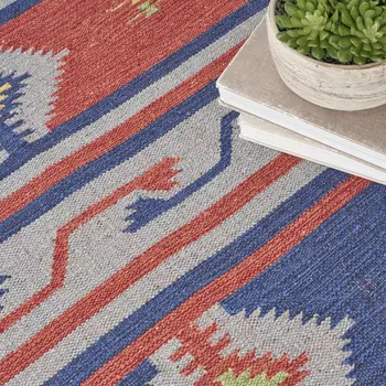 5' X 7' Blue and Red Southwestern Handmade Area Rug With Fringe