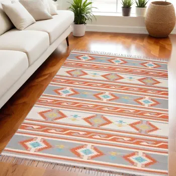 5' X 7' Orange Southwestern Handmade Area Rug With Fringe