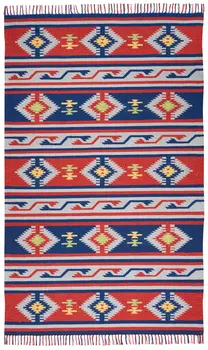 4' X 6' Blue and Red Southwestern Handmade Area Rug With Fringe