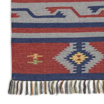 4' X 6' Blue and Red Southwestern Handmade Area Rug With Fringe