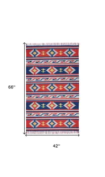 4' X 6' Blue and Red Southwestern Handmade Area Rug With Fringe
