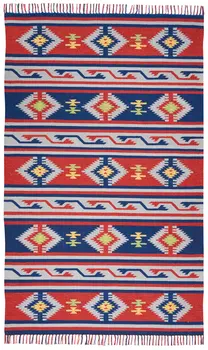 4' X 6' Blue and Red Southwestern Handmade Area Rug With Fringe