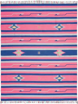 8' X 10' Pink and Blue Southwestern Handmade Area Rug With Fringe